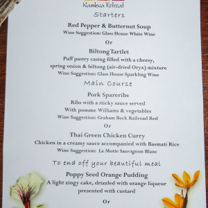 Die Speisekarte im Naries Namaqualand Retreats